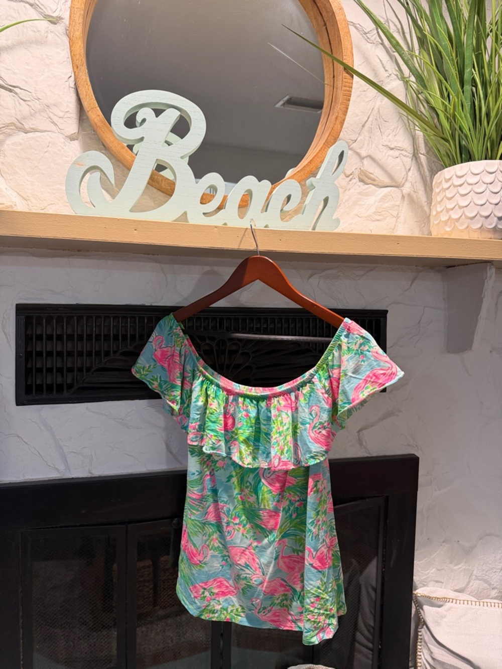 Lilly Pulitzer Pink and Green Flamingo Off-Shoulder Ruffle Top